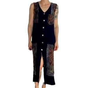 Kaliyana Sz S Textured Navy Colorful Patchwork Button Front Midi Dress